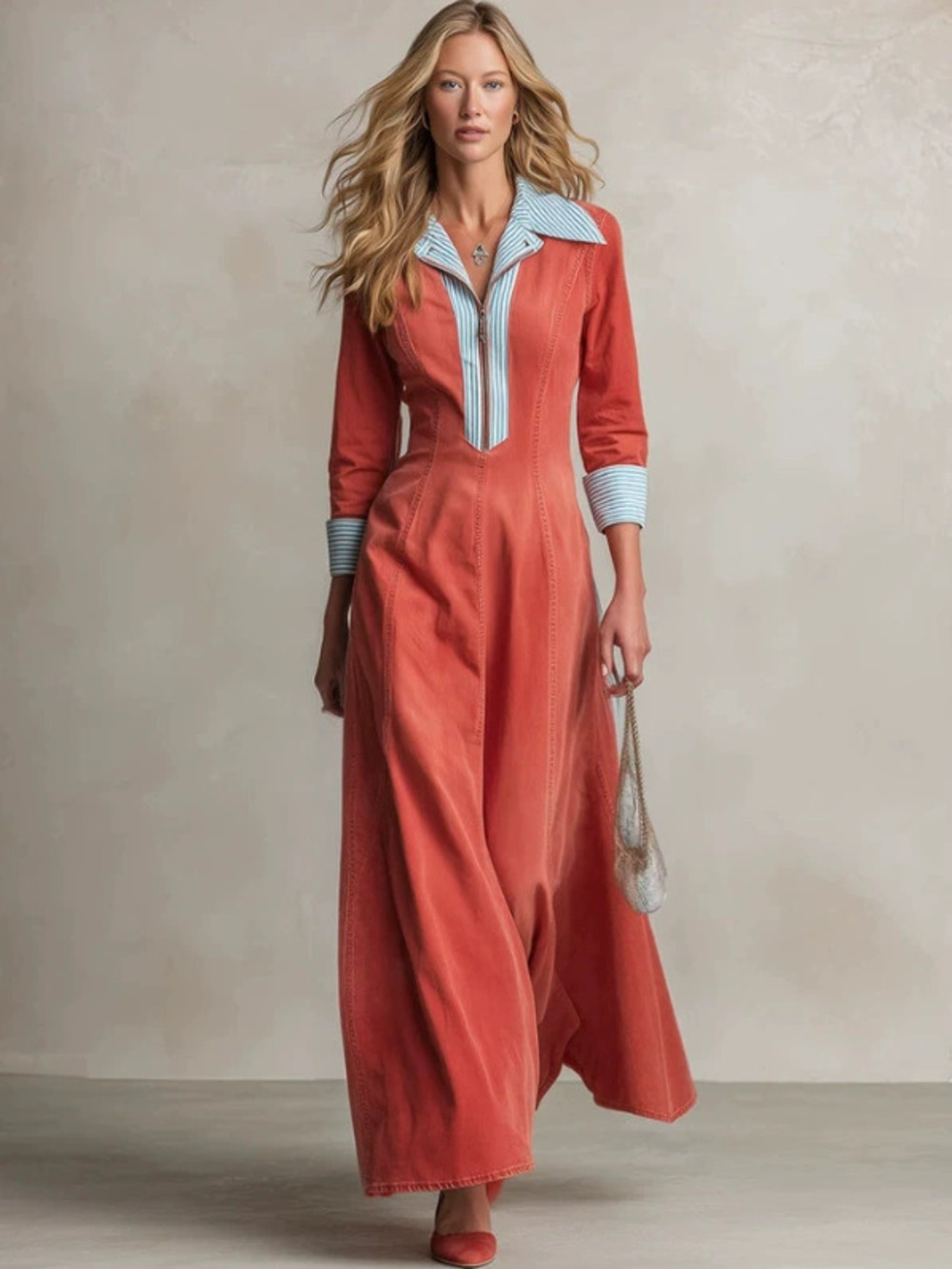 H&M Casual Retro Blue and White Striped Denim Maxi Skirt